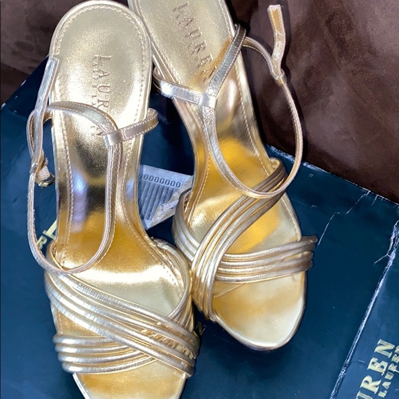 Brand new Ralph Lauren Gold sandal w/wood platform - Picture 6 of 7